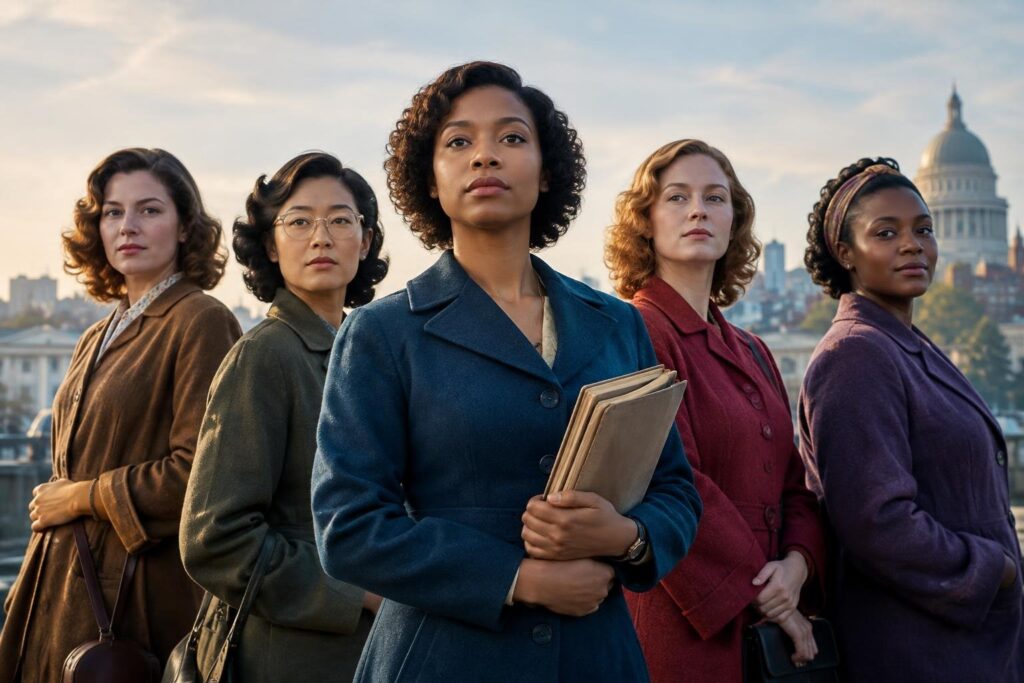 Filmes sobre mulheres que inspiram: histórias reais e de ficção Cinco mulheres em trajes de época alinhadas, olhando para a frente com expressão séria, fundo urbano com edifícios clássicos ao pôr do sol.