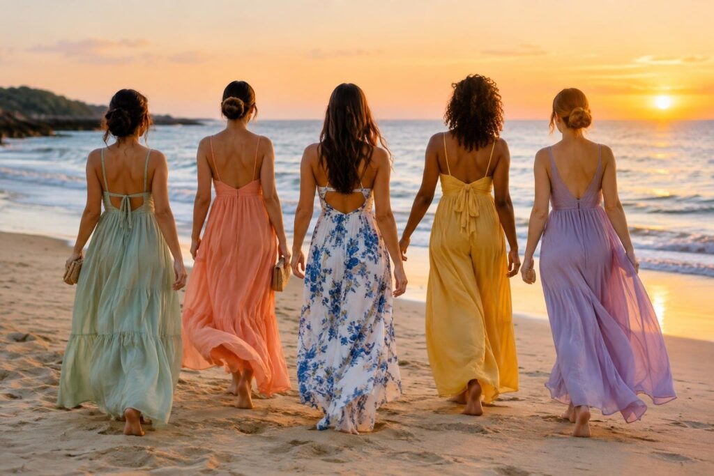Cinco mulheres de costas caminhando descalças na areia da praia ao pôr do sol, vestindo vestidos longos, leves e coloridos, com o mar e o céu ao fundo.