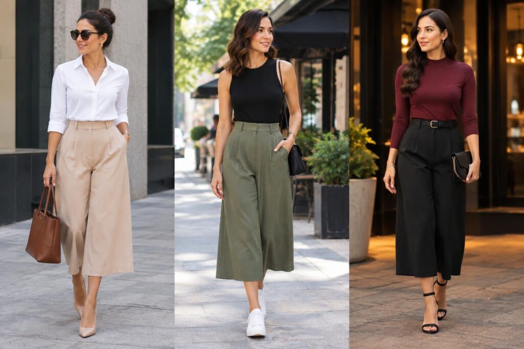 Como montar looks com pantacourt para cada ocasião Três mulheres jovens caminhando na rua vestindo calças pantacourt de cores bege, verde militar e preta, combinadas respectivamente com camisa branca, regata preta e blusa vinho de manga longa. Todos os looks são elegantes e modernos, com acessórios como bolsa e sapato adequado a cada estilo.