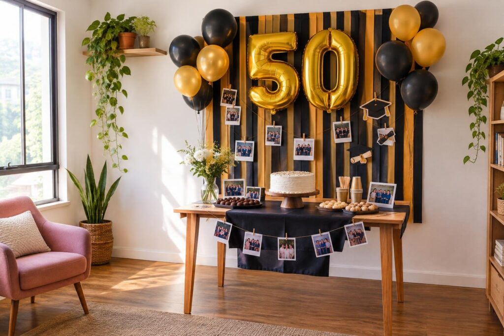 Sala com decoração escolar para festa de 50% da faculdade. Painel de faixas pretas e douradas com balões dourados com números '5' e '0'. Fotos penduradas entre as faixas. Mesa de madeira com bolo, docinhos e copos dourados. Plantas e poltrona rosa ao lado.