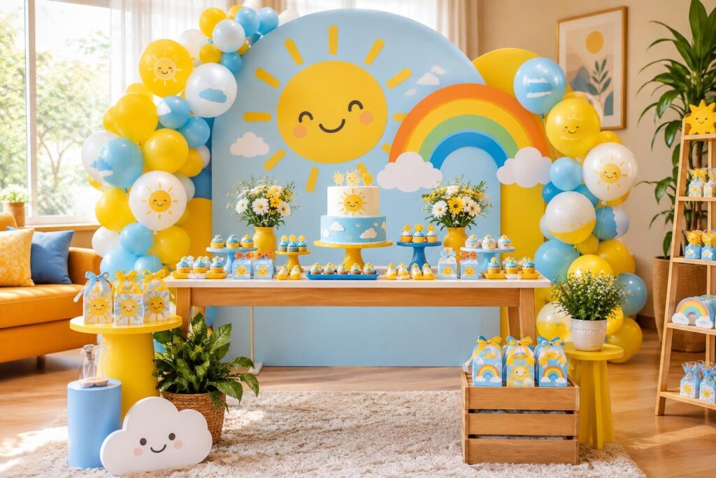 Festa 365 Sorrisos: ideias de mesa, painel, balões e lembrancinhas Decoração de festa infantil com tema 365 Sorrisos usando painel azul com sol sorridente e arco-íris, mesa principal com bolo decorado, doces, flores amarelas e balões amarelos, azuis e brancos formando um arco ao redor.