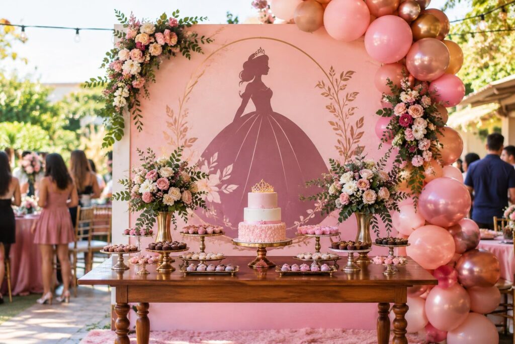 Banner para festa de 15 anos: modelos, medidas e como encomendar Mesa de madeira decorada com bolo rosa e doces dispostos em suportes dourados, ao fundo há um grande banner rosa com a silhueta estilizada de uma menina com vestido de princesa, cercado por arranjos florais e uma decoração de balões em tons rosa e dourado, com pessoas ao fundo em um ambiente externo.