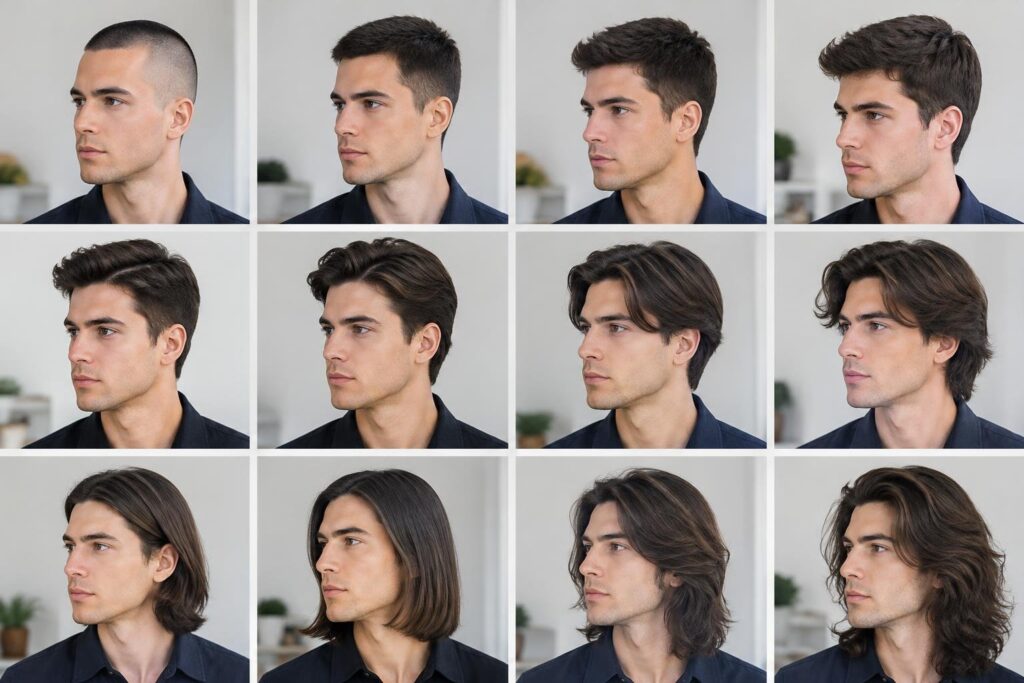 Doze fotos em grade do mesmo homem com cabelos lisos, mostrando diferentes cortes masculinos do mais curto ao mais longo, com variação de volume e estilo, todos com fundo neutro e iluminação suave.