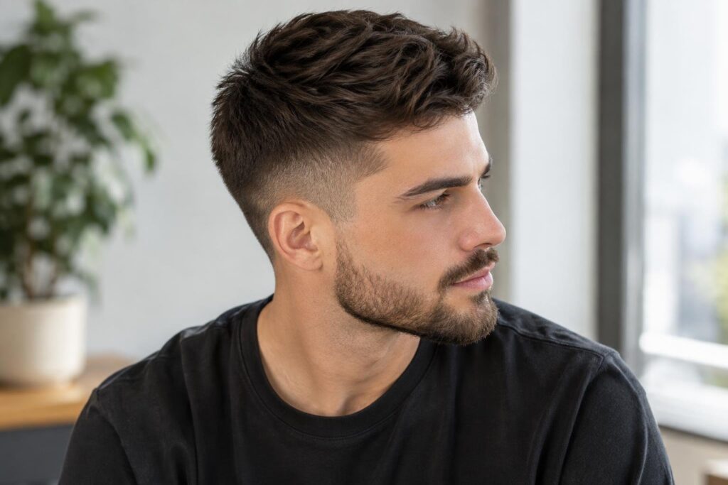 Homem jovem com cabelo liso cortado em degradê com topo texturizado, usando camiseta preta, olhando para o lado em ambiente interno iluminado.