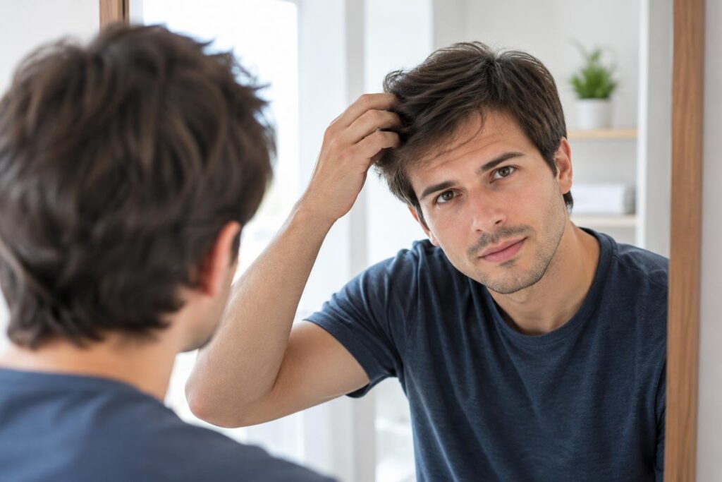 Homem jovem com camiseta azul escura olhando seu cabelo no espelho enquanto levanta uma das mãos para tocar os fios no topo da cabeça, em um ambiente interno claro com estante e planta ao fundo.