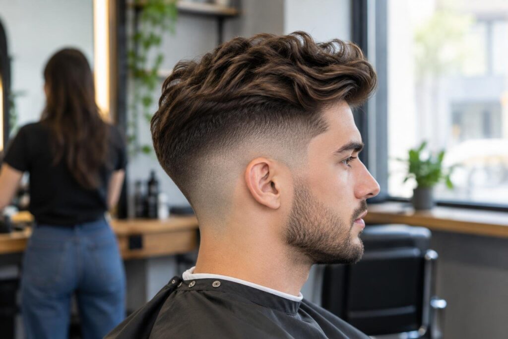 Homem jovem em perfil direito com corte de cabelo fade com laterais bem curtas e topo comprido e ondulado, sentado em cadeira de barbearia com fundo desfocado de ambiente de salão de beleza.