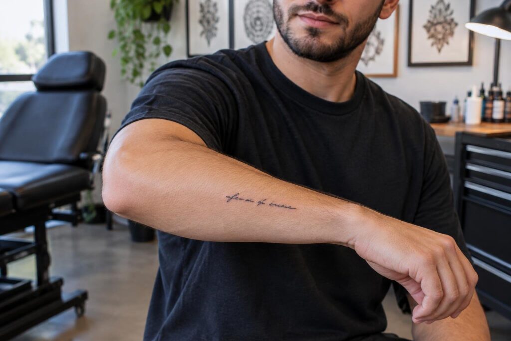 Tatuagem masculina de frase pequena: preço e o que muda o valor Homem com camiseta preta exibindo tatuagem pequena em letra cursiva no antebraço, sentado em estúdio de tatuagem com equipamentos e quadros decorativos ao fundo.