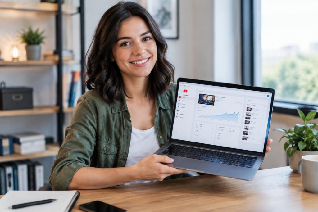 Como vender seu canal do YouTube: preço, contrato e transferência Mulher jovem sorridente em ambiente interno segurando um notebook aberto que mostra a tela do YouTube Studio com gráficos de visualizações e estatísticas.