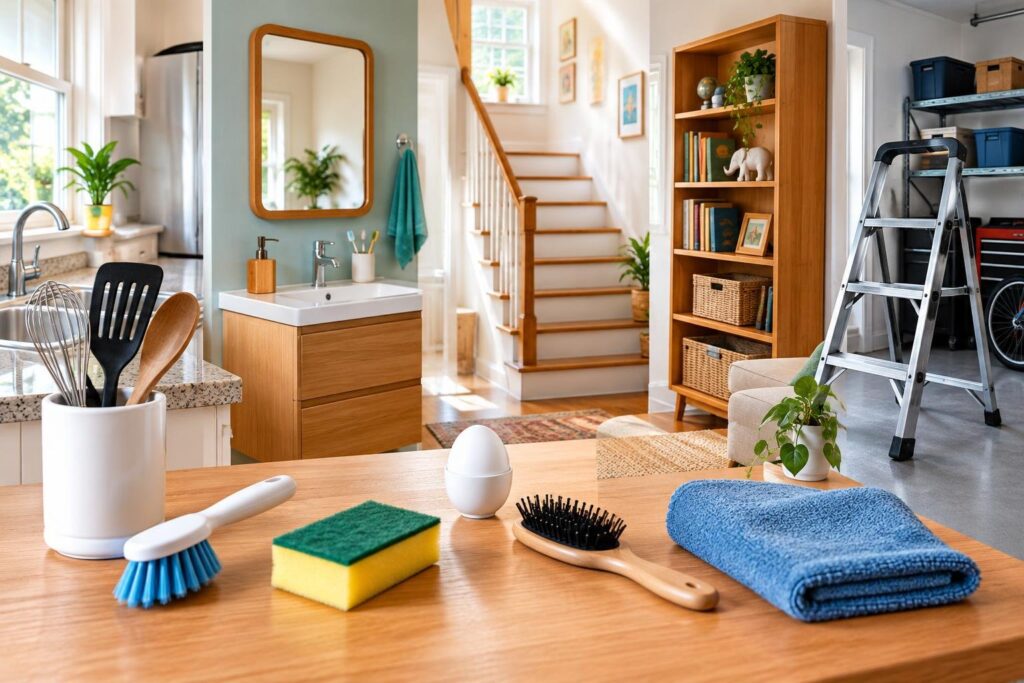 Objetos que começam com E: lista por cômodo, da cozinha à garagem Mesa de madeira com escova de limpeza, esponja, pente e toalha azul dobrada em uma sala clara, com cozinha, espelho, estante, escada e garagem ao fundo.