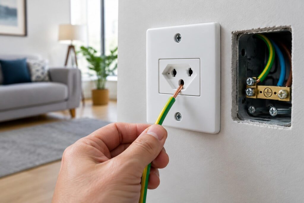 O fio terra pode salvar sua vida: entenda por que ele é essencial Mão segurando um fio verde e amarelo de aterramento sendo inserido em uma tomada de três pinos branca, com caixa elétrica aberta ao lado mostrando fios coloridos e barra de aterramento, em um ambiente residencial.