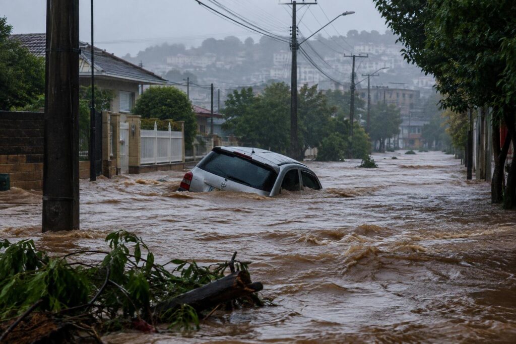 Irmãos mortos em carro arrastado por correnteza são velados em Caxias do Sul Rua alagada com carro prata parcialmente submerso pela correnteza durante um temporal, com árvores, postes e casas ao fundo sob céu nublado.