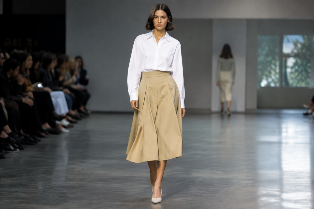 A Prada apresentou saias midi em diferentes modelagens.