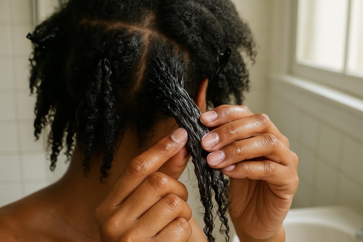 Mãos fazendo fitagem em uma mecha de cabelo crespo molhado com creme