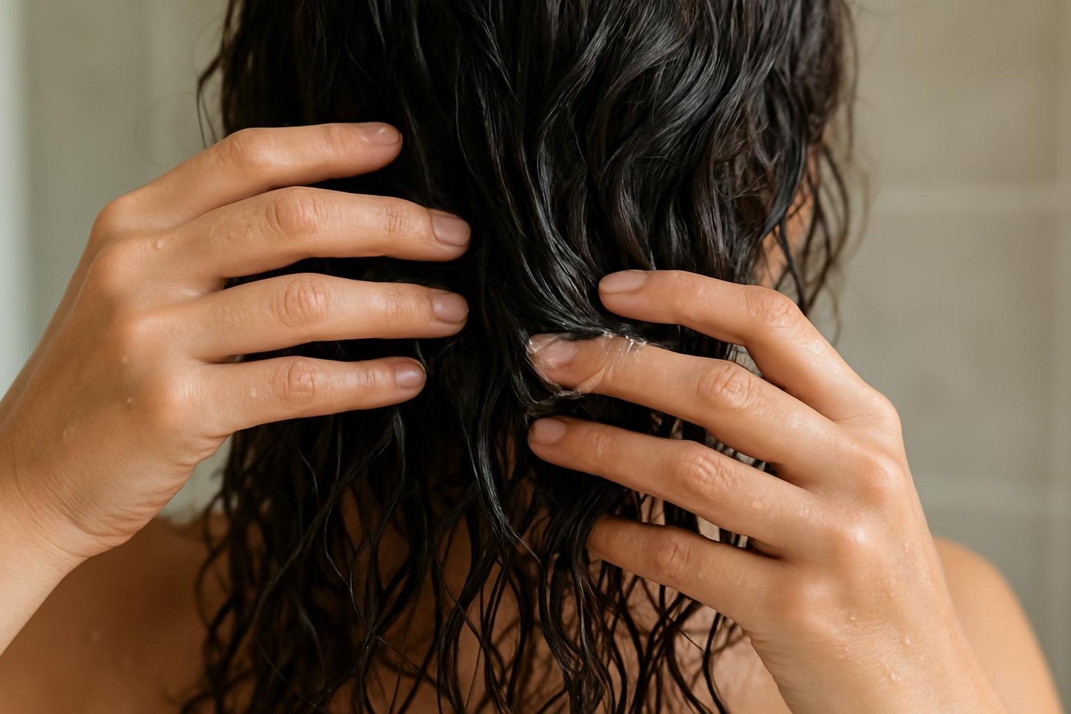 Mãos aplicando gel em mechas de cabelo ondulado molhado
