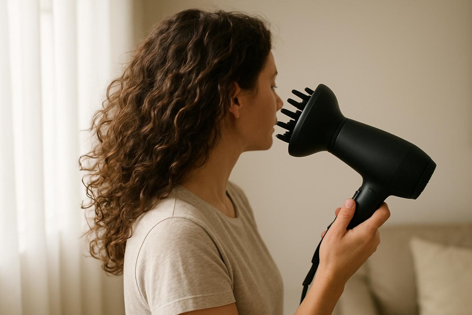 Cabelo ondulado sendo secado com difusor encaixado nas mechas