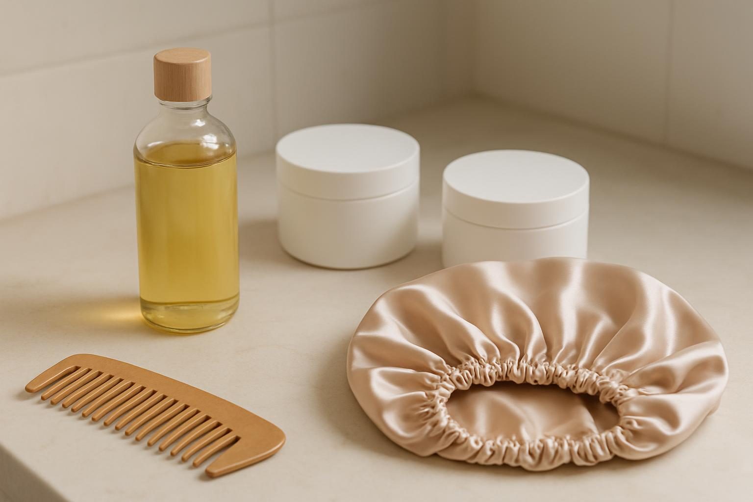 Produtos de finalização, pente de dentes largos e touca de cetim para cuidar de cabelo crespo