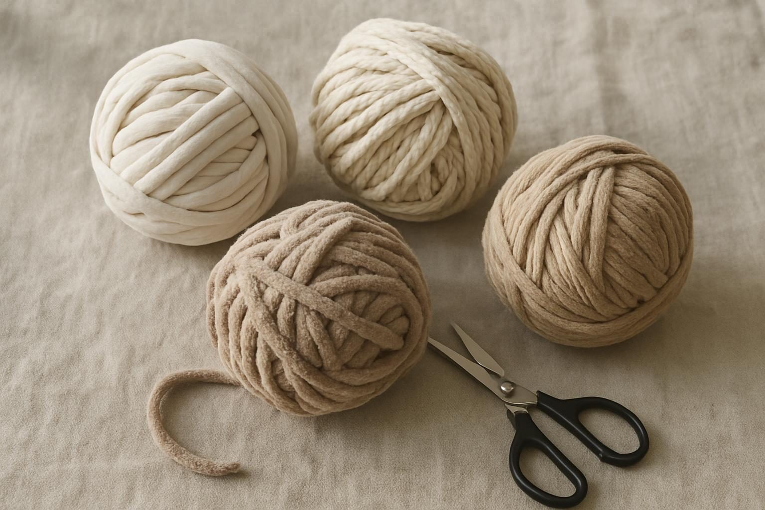 Novelos de fio de malha, maxi fio e chenille com tesoura para crochê de dedo