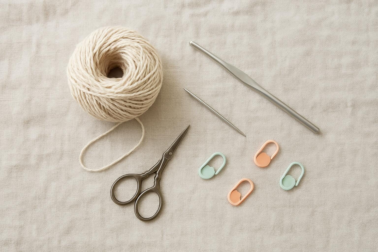 Materiais para fazer toalhinha de crochê: barbante, agulha, tesoura e agulha de tapeçaria