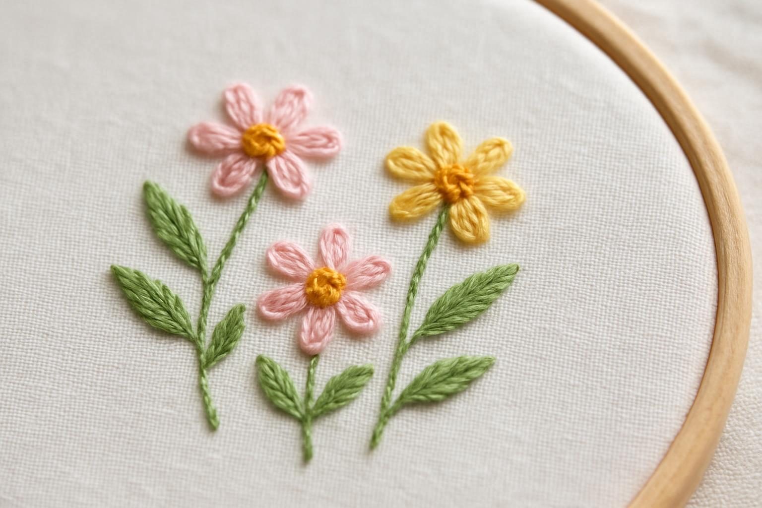 Flores bordadas com ponto corrente destacado formando pétalas cor-de-rosa em tecido branco