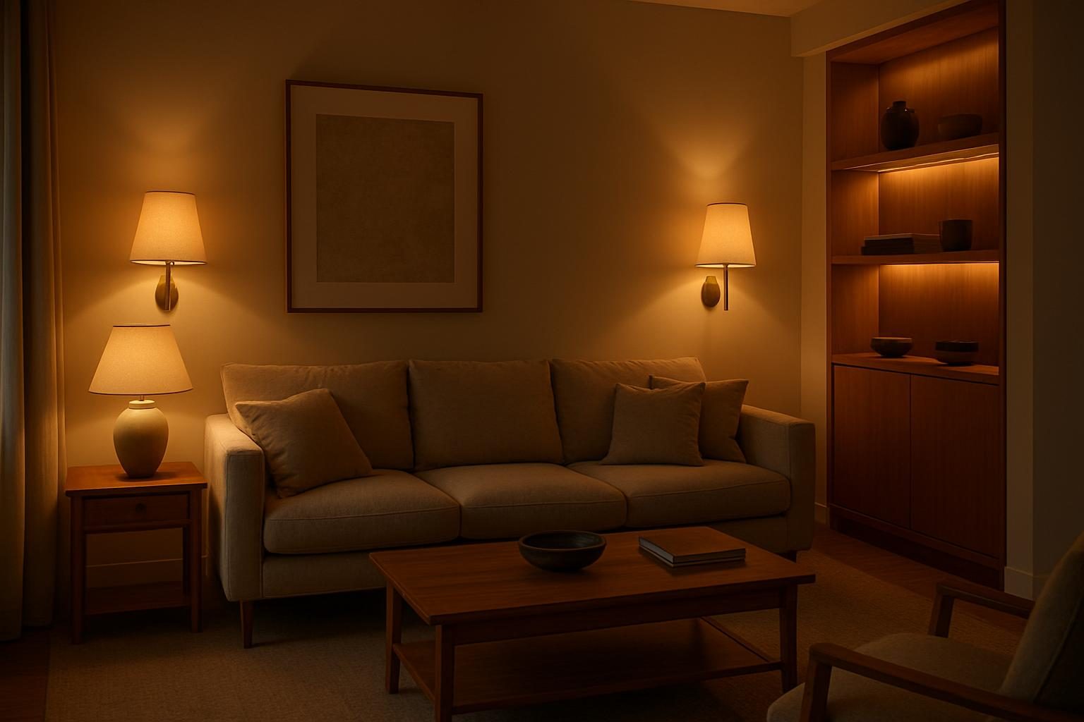 Sala à noite iluminada por abajures, arandelas e luz indireta quente nas estantes