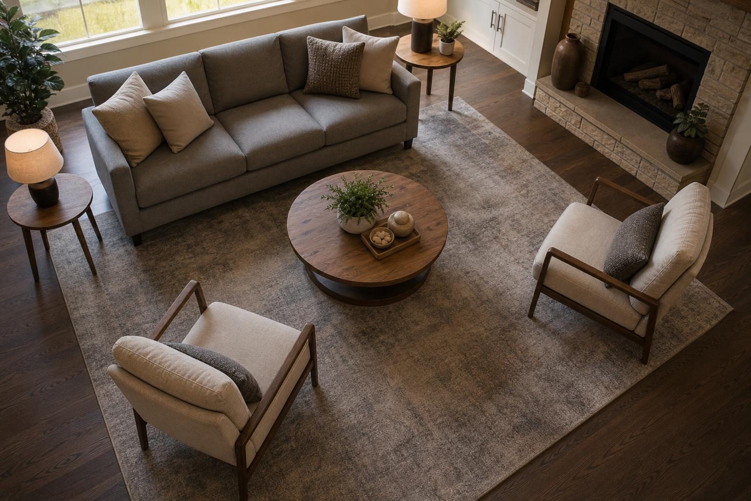 Layout de sala com sofá, poltronas e mesa de centro sobre tapete grande, com espaço de circulação