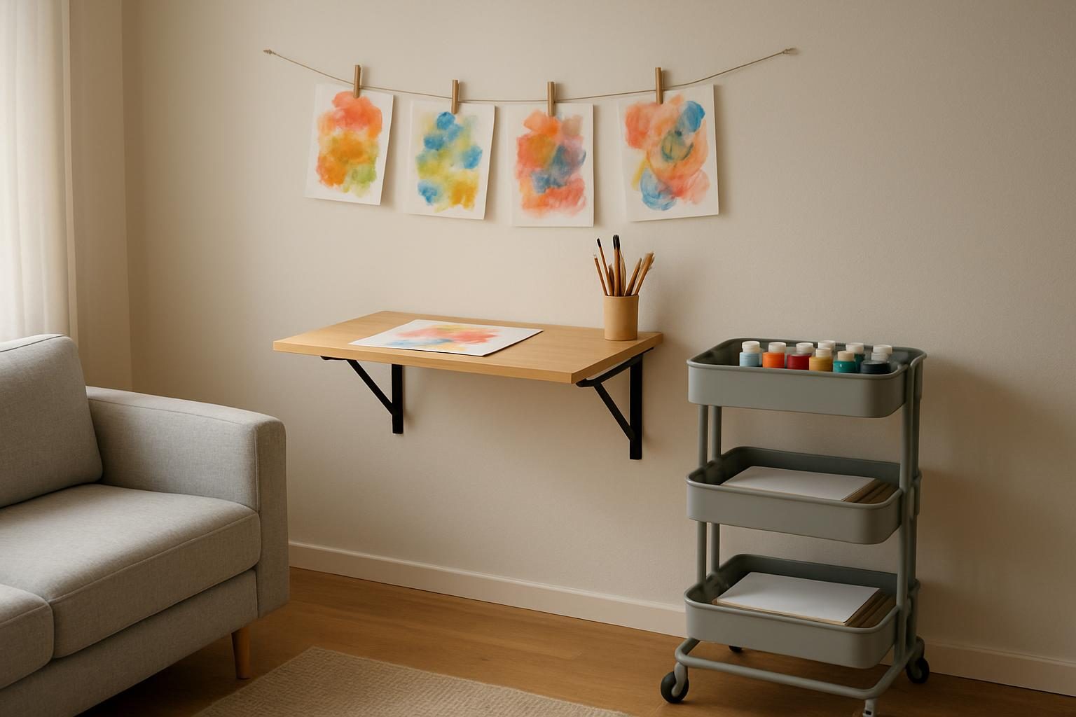 Cantinho de artes compacto com mesa de parede, carrinho com rodinhas e varal expondo pinturas
