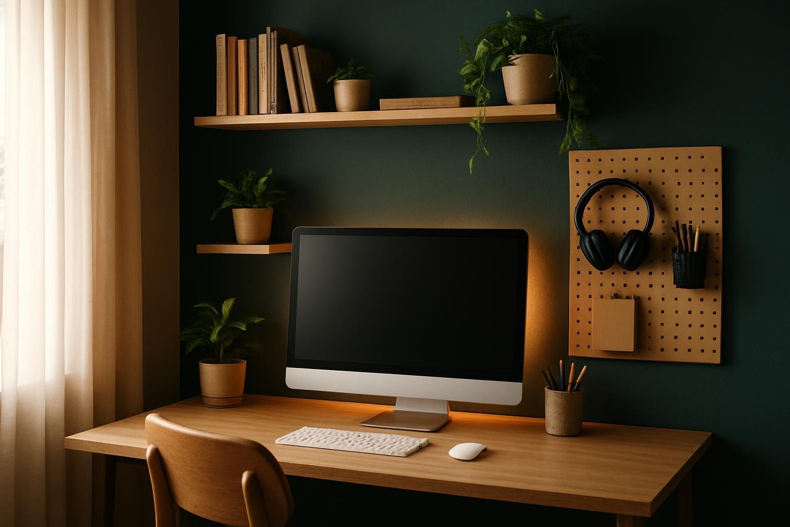 Cantinho do computador em casa com parede de destaque, prateleiras, pegboard e plantas