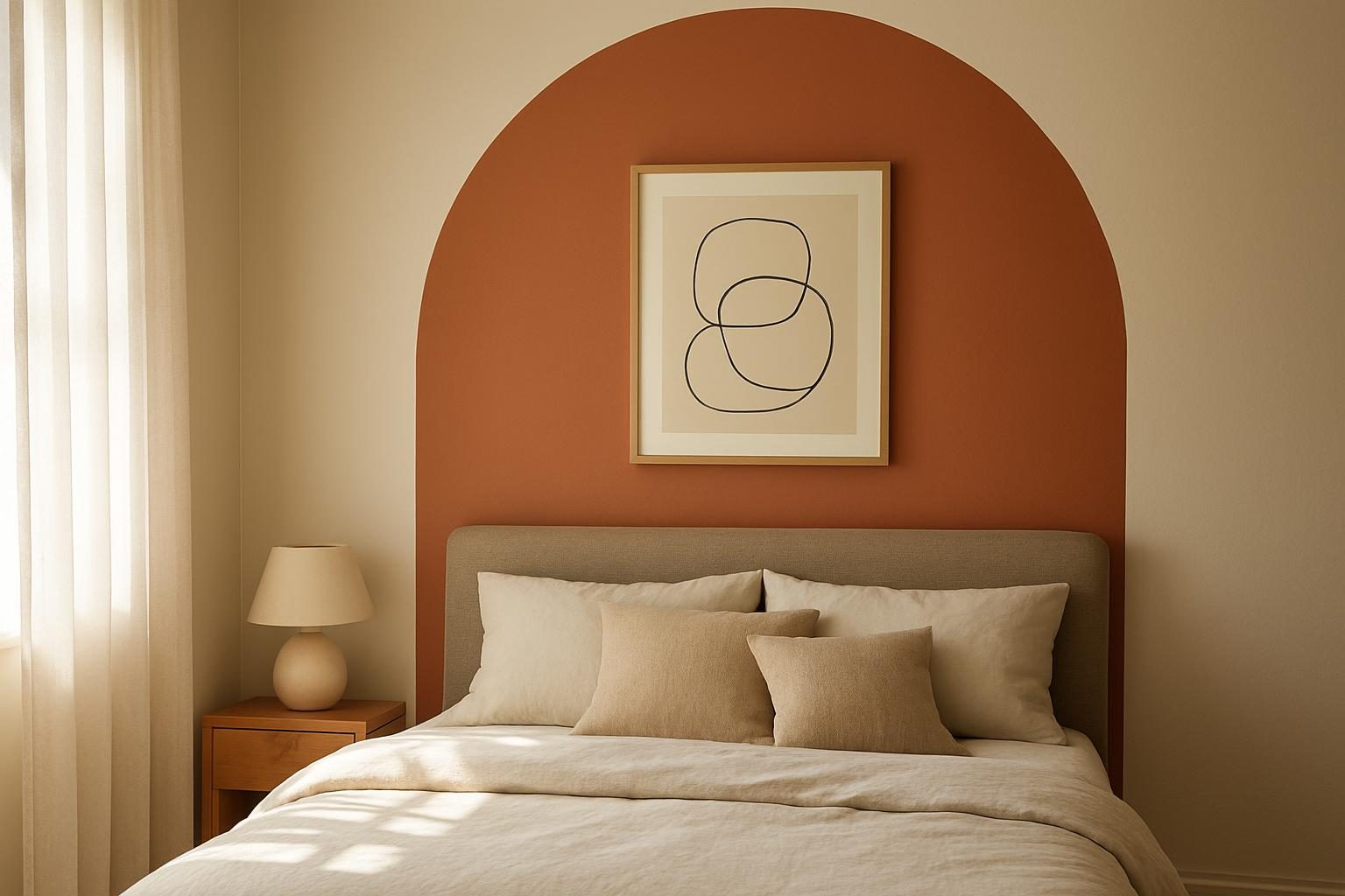 Pintura em arco terracota atrás da cama como parede de destaque no quarto