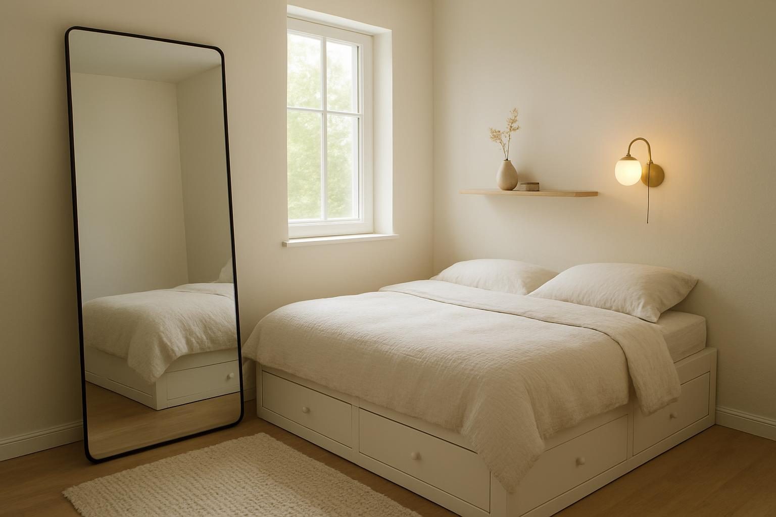 Quarto pequeno com espelho grande, cama com gavetas e arandela de parede