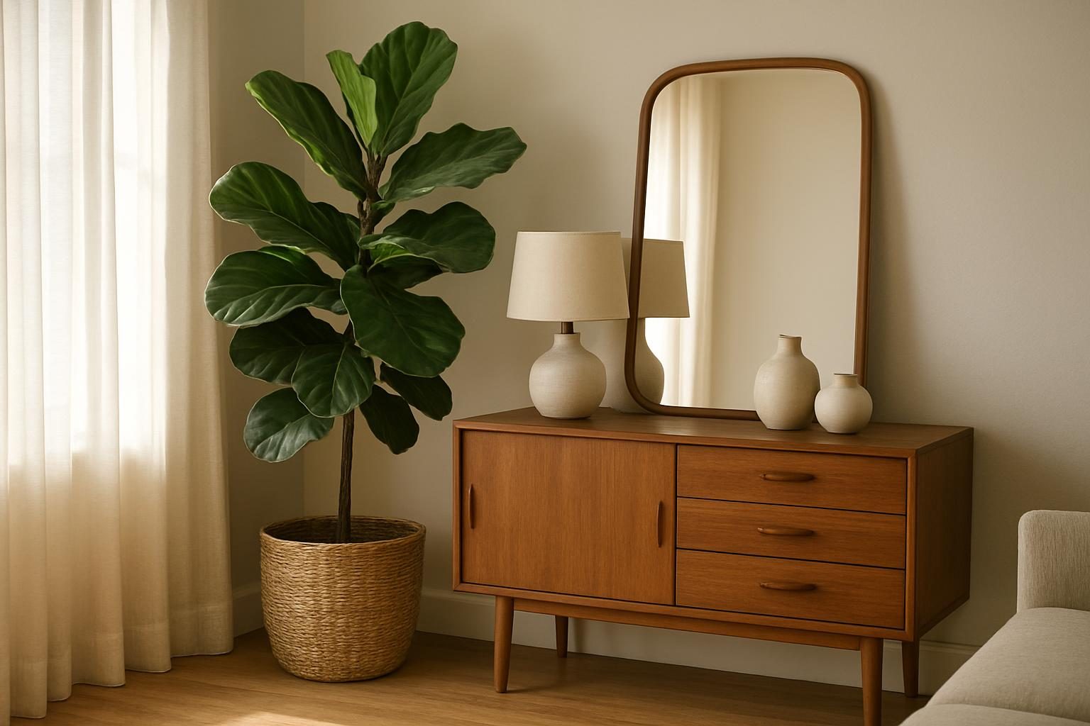 Canto da sala com planta grande em cesto de fibra ao lado de aparador com espelho e luminária