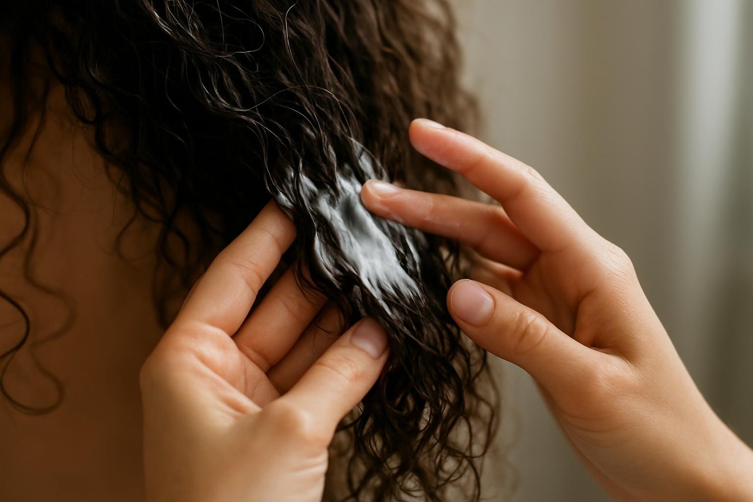 Mãos aplicando creme de pentear em mecha de cabelo cacheado úmido