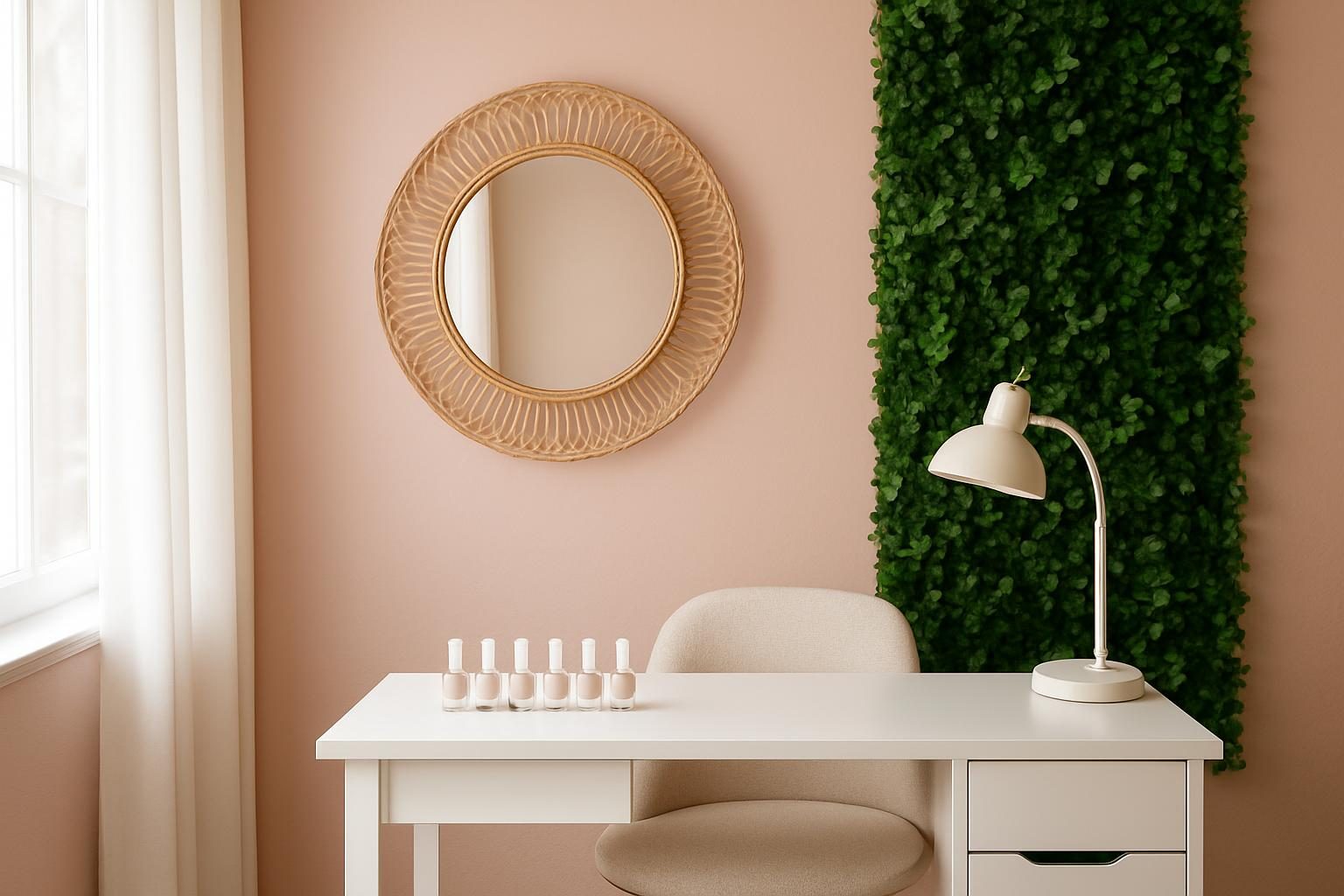 Cantinho de manicure com parede rosa, espelho redondo e painel de folhagens