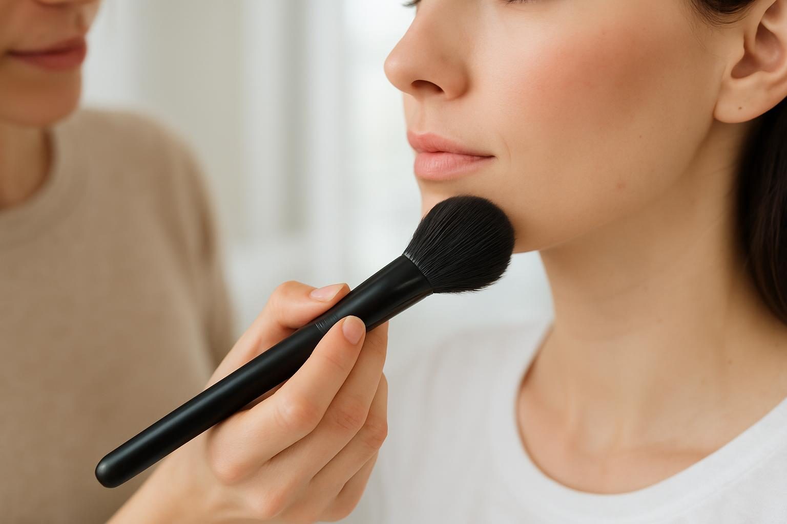 Maquiadora aplicando blush com pincel em cliente durante atendimento em estúdio