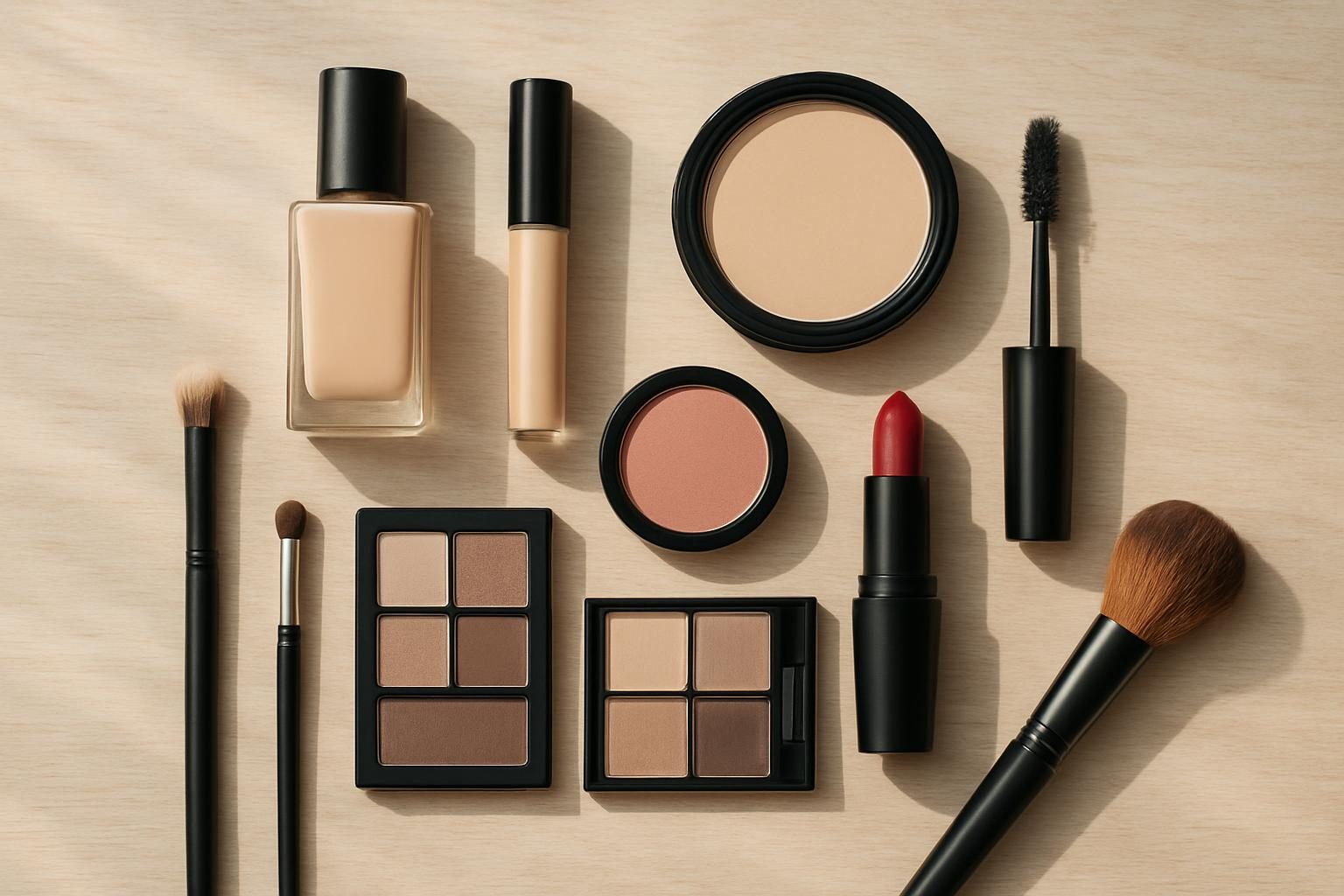 Kit básico de maquiagem para iniciantes com base, corretivo, pó, blush, máscara e pincéis