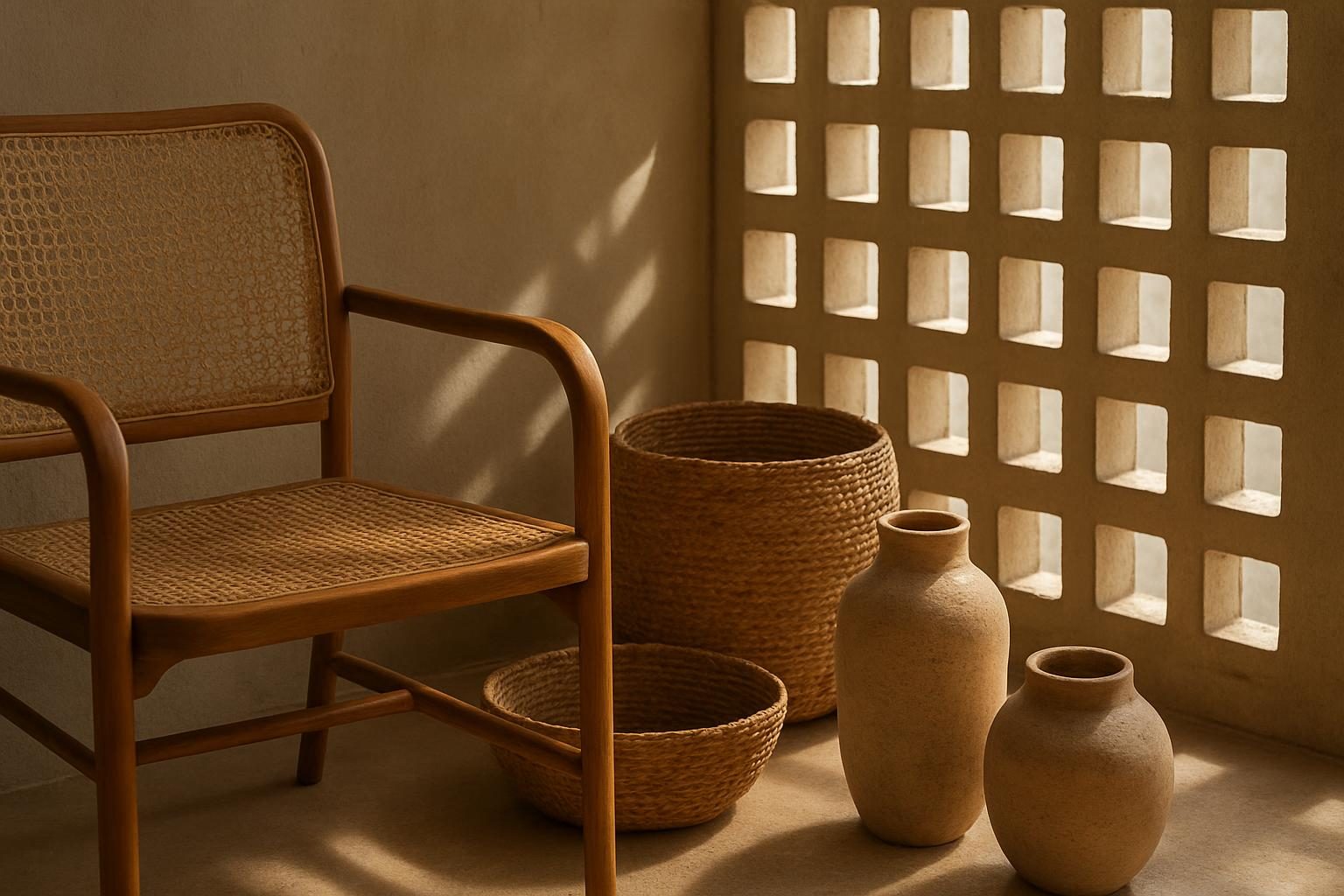 Canto de sala com cadeira de palhinha, cestos de fibra, cerâmicas artesanais e parede de cobogó