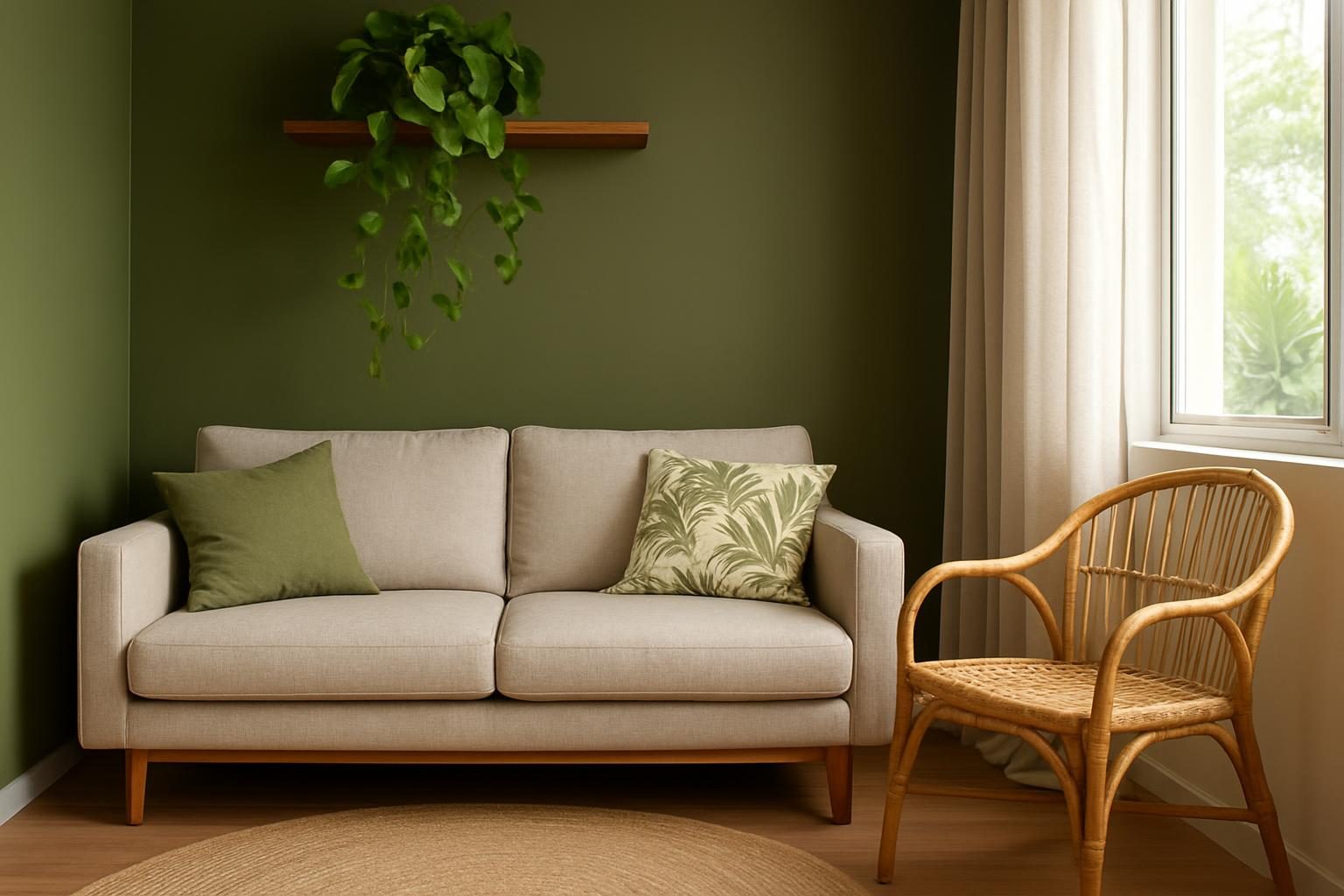 Sala pequena em estilo brasileiro com sofá de pés de madeira, parede verde-oliva e jiboia em prateleira alta